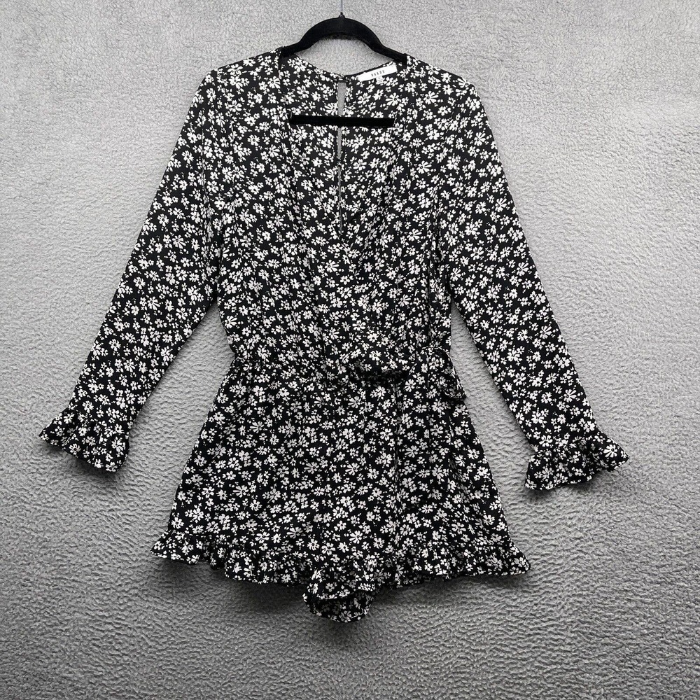 RO & DE Womens Romper Black Floral Long Sleeve V-Neck Button Polyester Size M